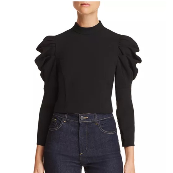 Alice + Olivia Tops - Alice + Olivia Brenna Black Puff-Sleeve Mock Neck Top